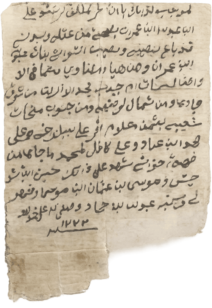 وثيقة بيع علي بن عمران نصيبه ونصيب أخواته في أرض "أم جنيب" بعودة سدير سنة 1273هـ