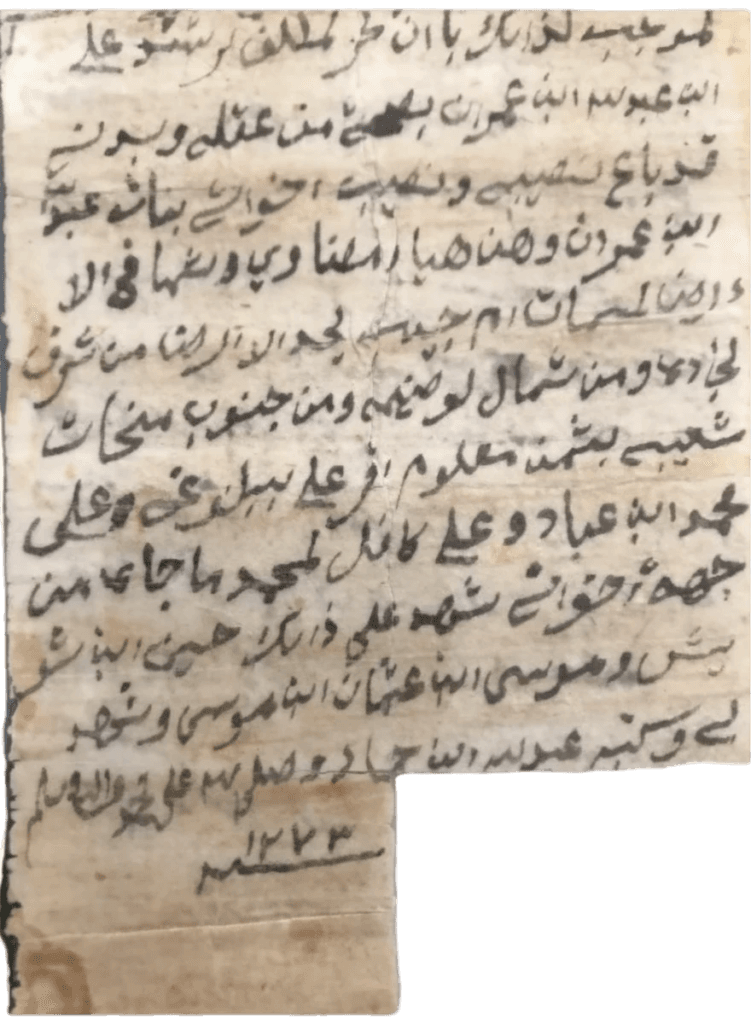 وثيقة بيع علي بن عمران وأخواته لأرض "أم جنيب" بعودة سدير على محمد بن عباد سنة 1273هـ