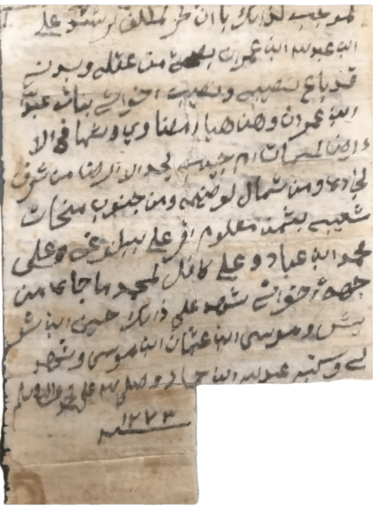 وثيقة بيع علي بن عمران وأخواته لأرض "أم جنيب" بعودة سدير على محمد بن عباد سنة 1273هـ