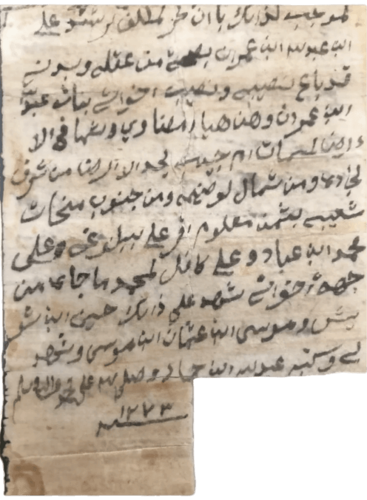 وثيقة بيع علي بن عمران وأخواته لأرض "أم جنيب" بعودة سدير على محمد بن عباد سنة 1273هـ